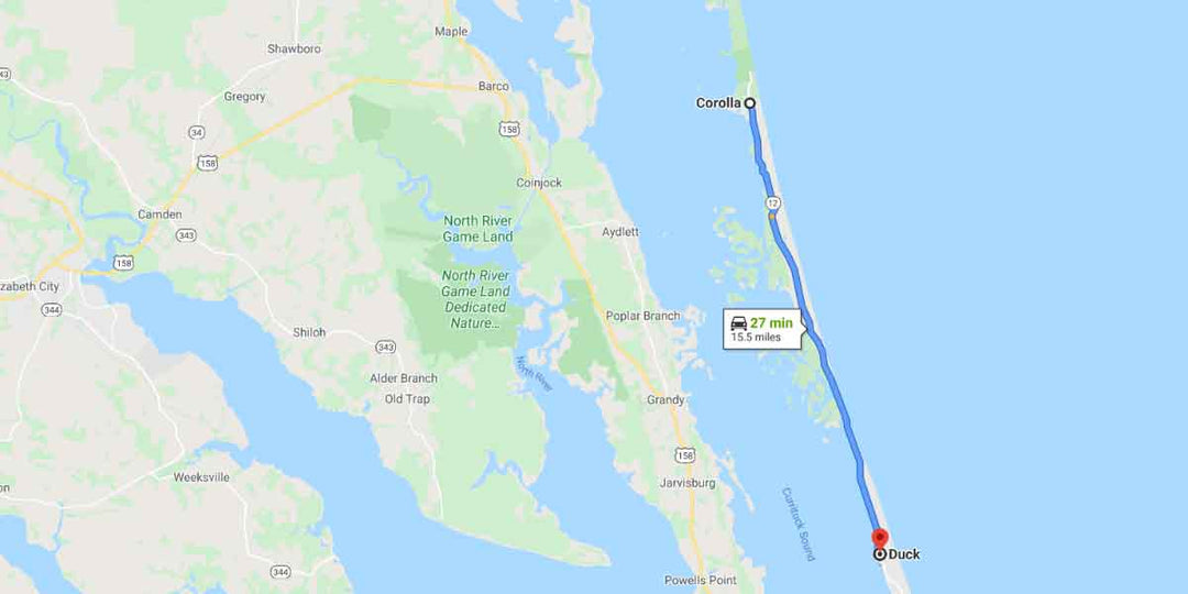 Distance from Corolla NC to Duck NC